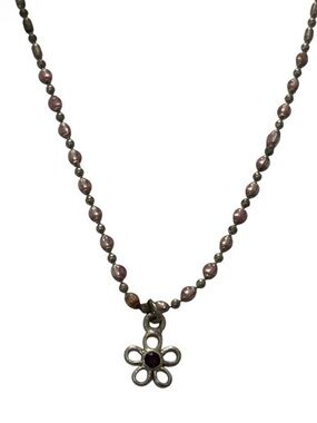 Oxidized Silver Chain with tiny Floral Pendant with colored stone.